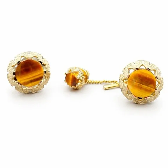 Vintage Dante Tiger's Eye Cufflinks Tie Tack Set Gold Tone Swirl Retro Mens