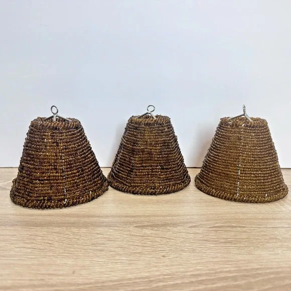 Amber Glass Seed Bead Chandelier Lamp Shades Set of 3 Boho Brown