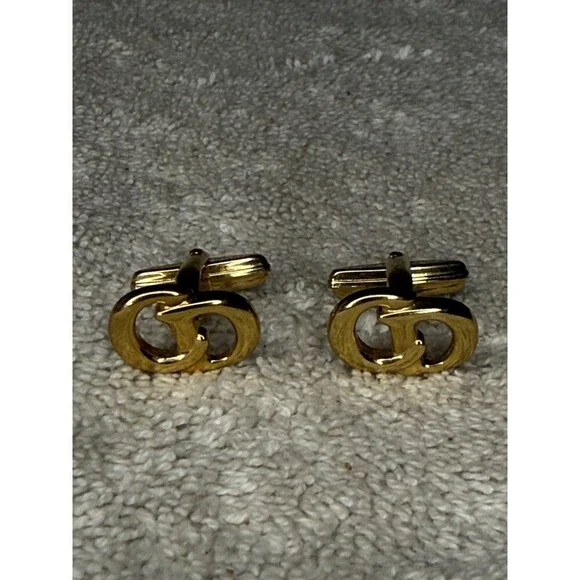 Christian Dior Gold Tone CD Logo Cufflinks 1” Signed Chr Dior