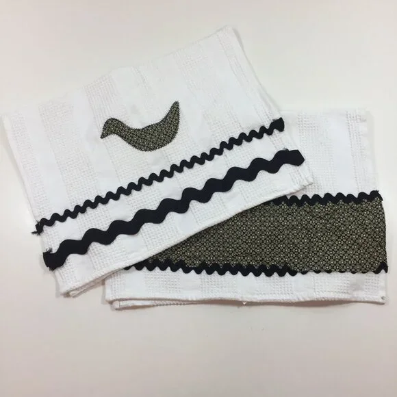 Crate & Barrel Set of 2 White Waffle Weave Dish Towels Duck Brown 24