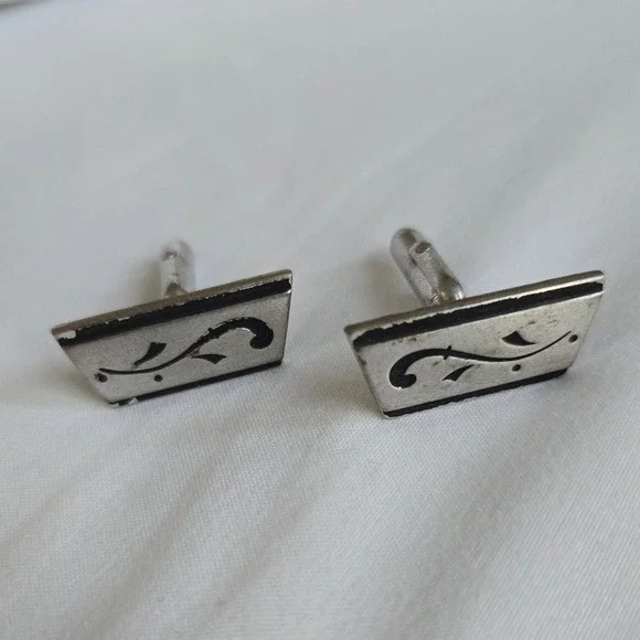VTG Midcentury Goth Cufflinks Retro Formal Unbranded OS Mens Silver Black Scroll