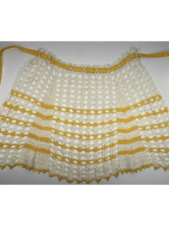 Vintage Crochet Half Apron Yellow Ivory Chevron Stripe Tie Back Halter Top