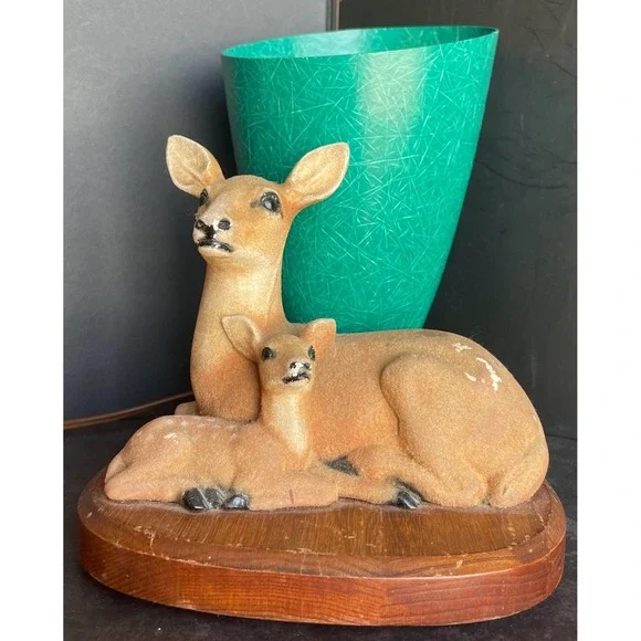 Vintage Mid-Century Flocked Deer & Fawn Figurine Woodland Lamp Wood Base Works!