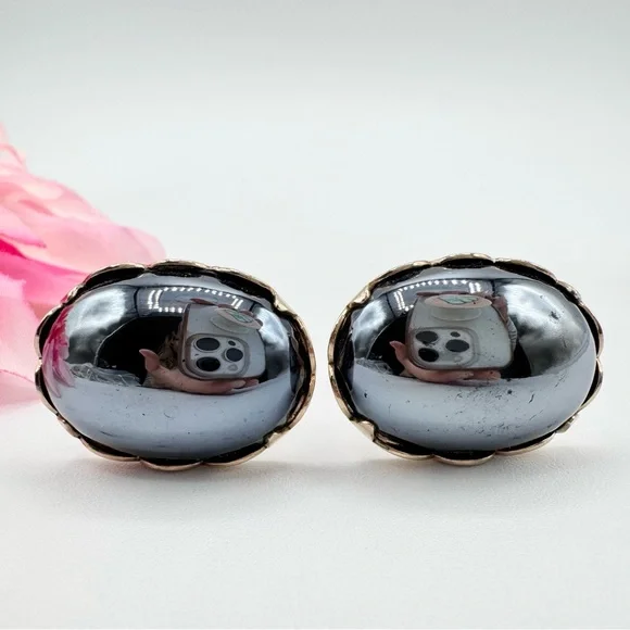 Vintage Hematite-Style Oval Cabochon Scalloped Bezel Men’s Cufflinks Oversized