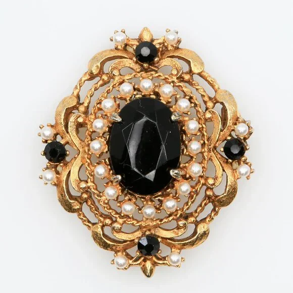 Vintage Florenza Victorian‎ Gothic Revival Black Stone Faux Pearl Brooch 1960s