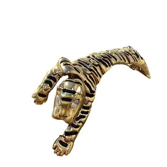 Vintage Jaguar Tiger Gold Enamel Shoulder Linked Flexible Rhinestone Brooch Rare