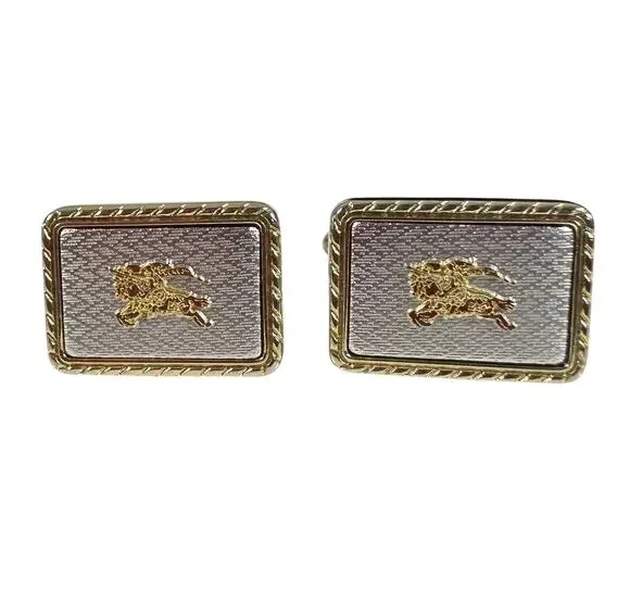Vintage Burberrys Cufflinks Mens Gold Silver Tone Logo Rectangular Bullet Back