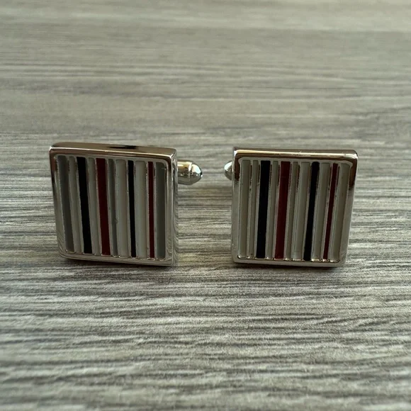 Men’s Striped Black, White, Burgundy & Grey Silver Tone Cuff Links