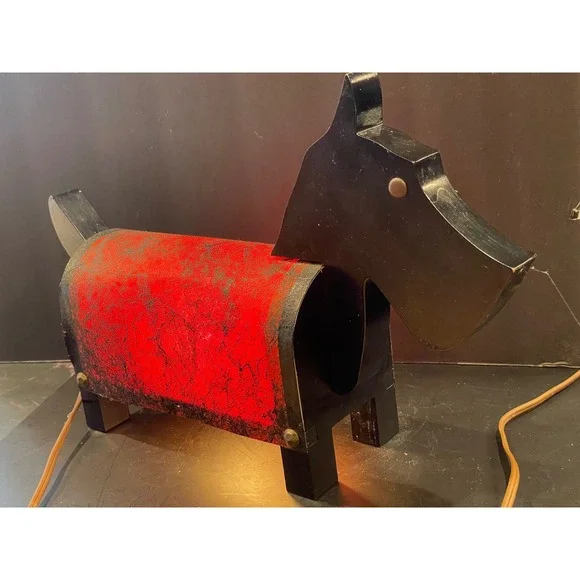 Vintage Scottie Dog Table Lamp Art Deco Scottish Terrier Wood Accent Light Red