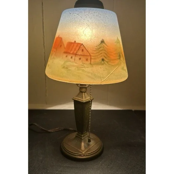 Antique Reverse Painted Table Lamp Brass Scenic Shade Pull Chain 14