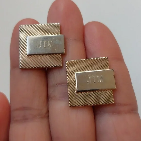 Vintage JIM Cufflinks Personalized Gold Tone Multi Texture Gift For Him