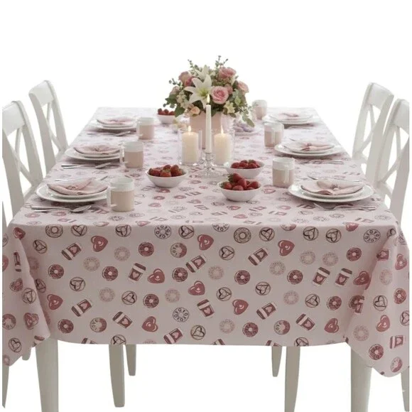 Huntington Home Vinyl Tablecloth 60x84 Pink Hearts Coffee Donuts Valentines Day