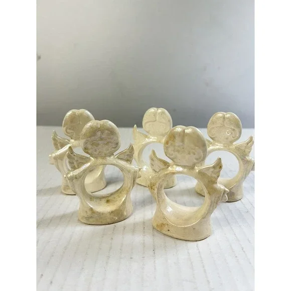 Vintage Iridescent Ceramic Angel Napkin Rings Set of 5 Cream Pearlized Finish