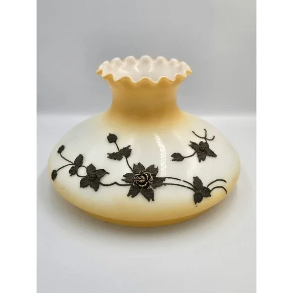 Vintage Frosted Glass Lamp Shade Amber Tint Floral Applique Ruffled‎ Rim, large
