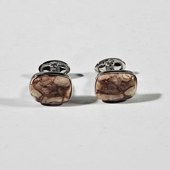 Jan Leslie Cufflinks Mens OS Brown Sterling Silver 925 Jasper Stone Rectangular