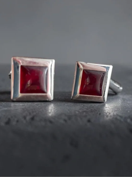 Swank Ruby Red Glass Silver Tone Square Cufflinks