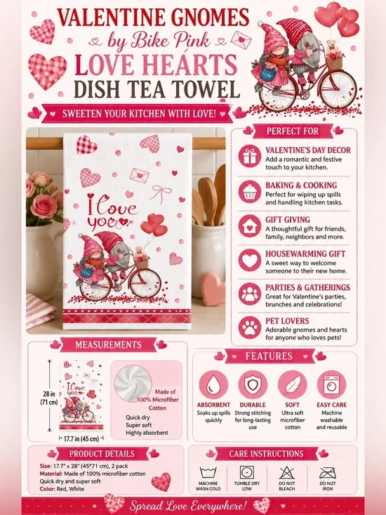 Valentine Gnomes by Bike Pink Love Hearts Dish Tea Towel