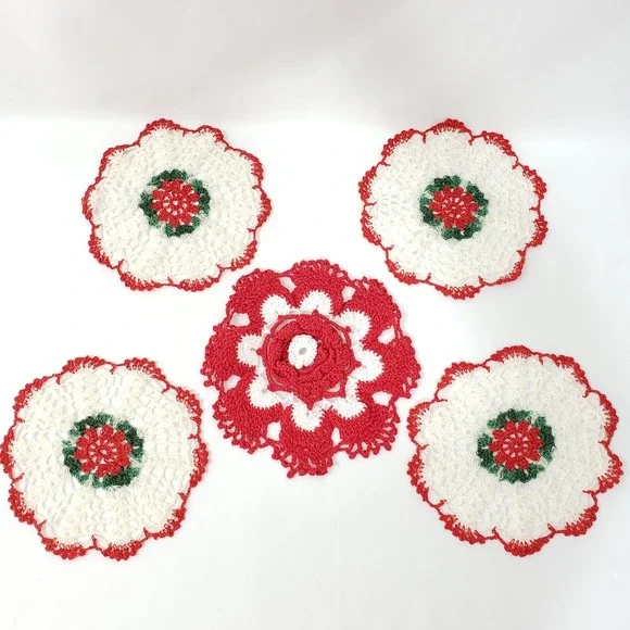 Vintage Crochet Doilies Red White Green 7 Inches Set Of 5