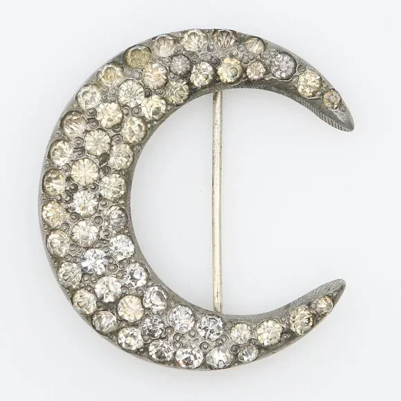 Antique‎ Art Deco Celestial Crescent Moon Rhinestone Pot Metal Brooch 1920s