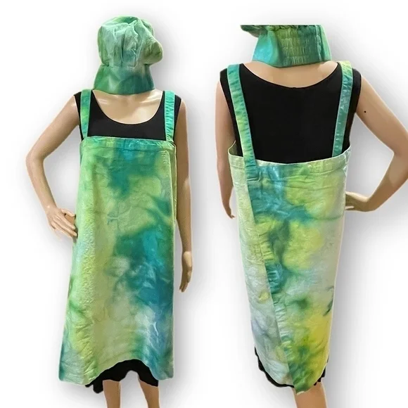 Tie Dye large Japanese wrap around apron with matching toque chef's hat green