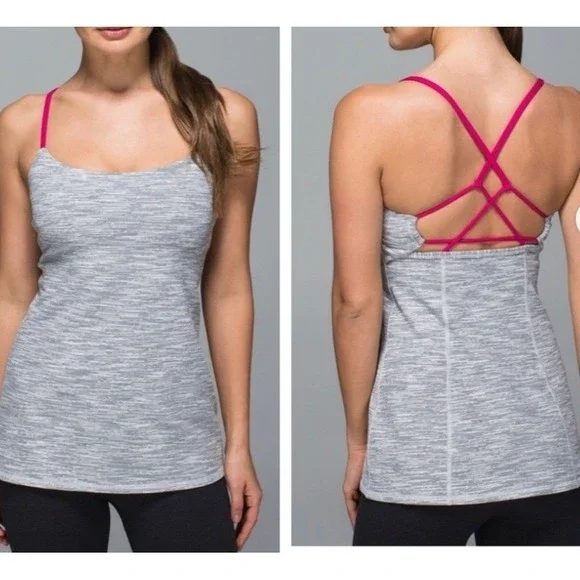 Lululemon‎ Dancing Warrior Tank Top Space Dye Grey Pink Strappy Back Size 8