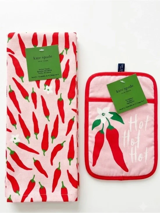 Kate Spade Hot Hot Hot Chili Pepper Kitchen Towel Set & Pot Holder Bundle