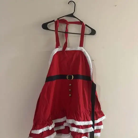 Christmas Holiday Santa Claus Apron with Faux Fur Trim and Belt