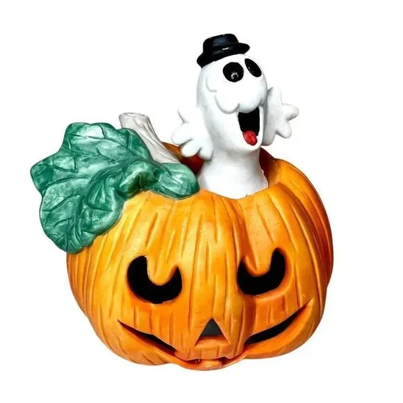 Halloween Lighted Pumpkin W Ghost Decor 1993 Hand Painted Porcelain Home Decor