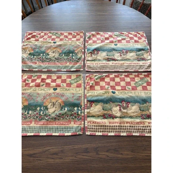 Vintage Feed Sack Style Farmhouse Placemats Set If 4 Rooster Bunny Cottagecore