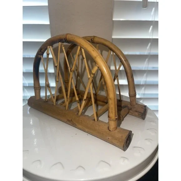 Vintage MCM Bamboo Wicker Rattan Napkin Letter Holder 7