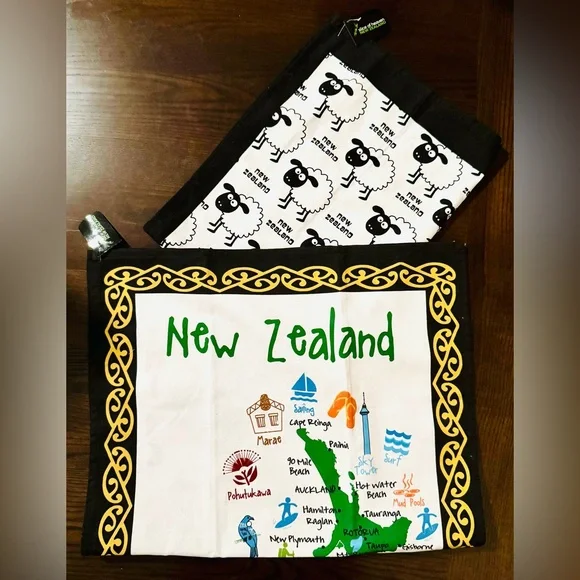 NWT tea towels New Zealand pair Slice of Heaven sheep landscape map