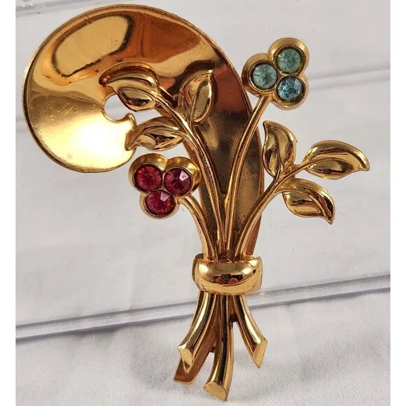 Signed Coro Brooch Pin Ribbon Spray Pink Blue Clover Leaves 2.25