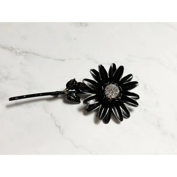 Vintage Francois Black Enamel Daisy Flower Brooch Rhinestone Center Large Pin 4