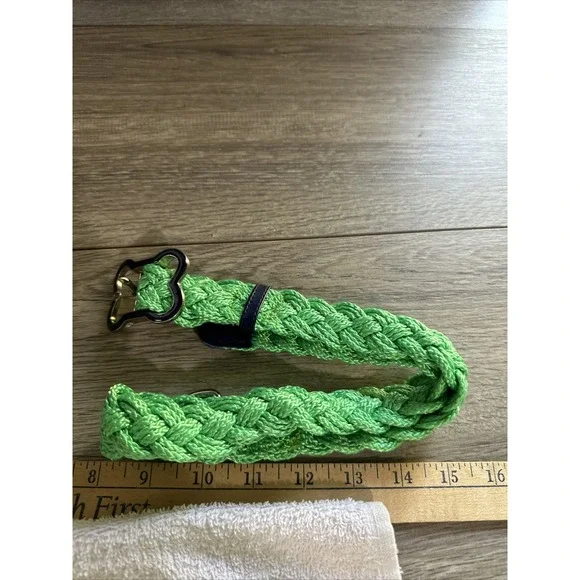 Green Braided Rope Belt Navy Blue Enamel Quatrefoil Buckle Preppy Nautical 31in