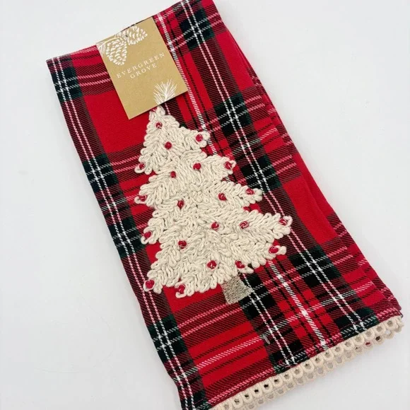Evergreen Grove Set of‎ 2 Christmas Kitchen Towels Tartan Plaid Embroidered Tree