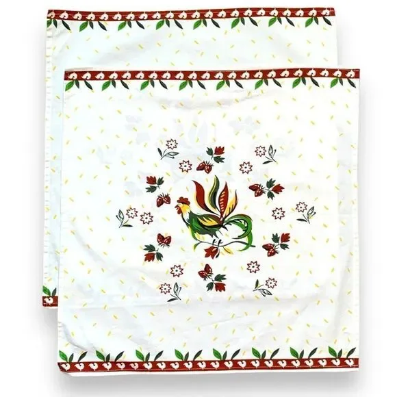 Vintage Placemats White Red Folk Art Rooster Strawberry Floral Print Cottage