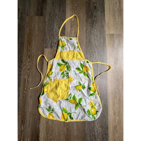 Lemon Print Apron Womens One Size Yellow Excellent Mediterranean Style