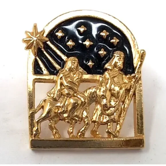 VTG Avon Jewelry Christmas Brooch Pin Mary Joseph Star of Bethlehem Gold Tone‎