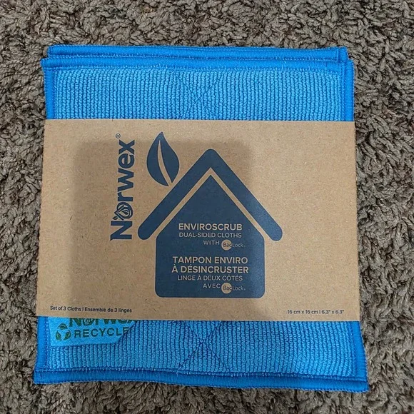 Norwex EnviroScrub 3pc Set Turquoise Blue Dual Sided Recycled Microfiber BacLock