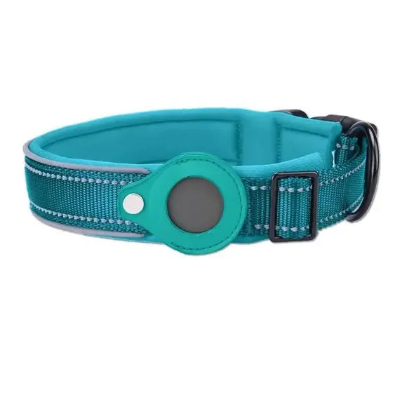 NWT dog collar blue Apple AirTag tracker reflective padded nylon medium B182