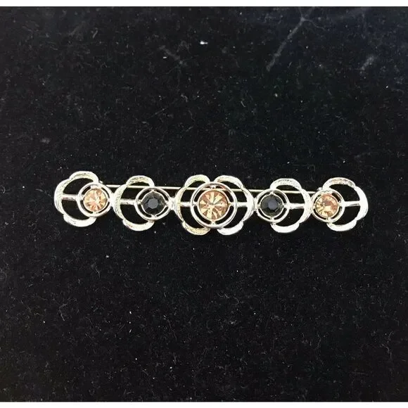 Sarah Coventry Gold Tone Bar Pin Brooch Black And Brown Rhinestones Flower Gift