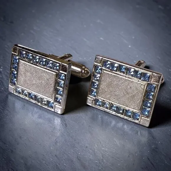 Vintage Dante Cufflinks Mens Silver Tone Brushed Aqua Glass Jewels Bullet Back