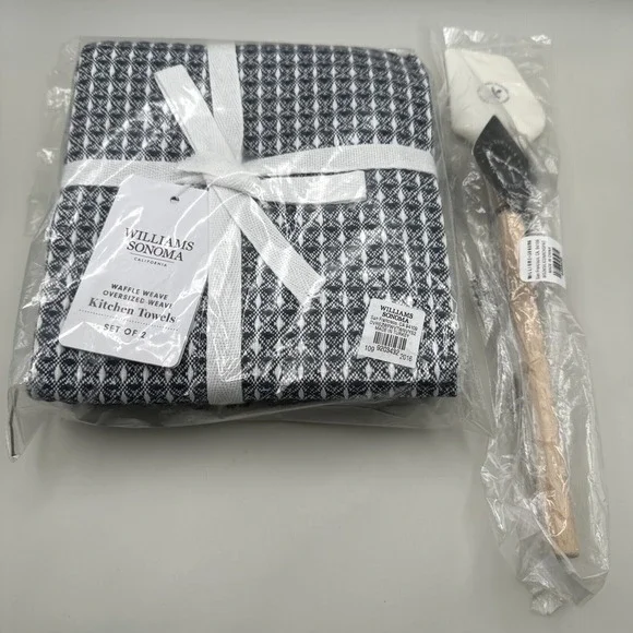 Williams Sonoma Waffle Weave Kitchen Towels Dish Set 2 + Logo‎ Spatula New Gift