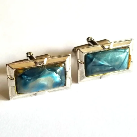 Vintage cuff links blue cabochons silver tone marbled rectangular