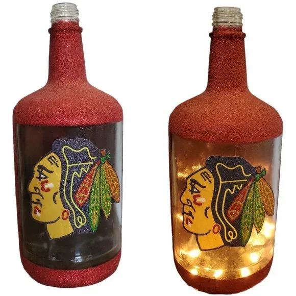 Chicago Blackhawks Inspired Hand Painted Lighted Bottle Glass ManCave Hockey 12