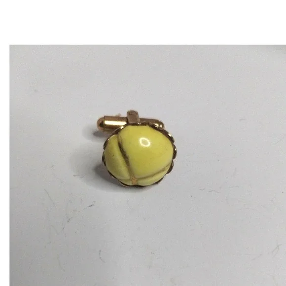 Vintage Single Round Domed Yellow Enamel Gold Tone Toggle Back Cufflink Retro