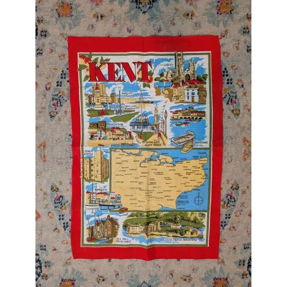 Vintage Linen Souvenir Tea‎ Towel - Kent County