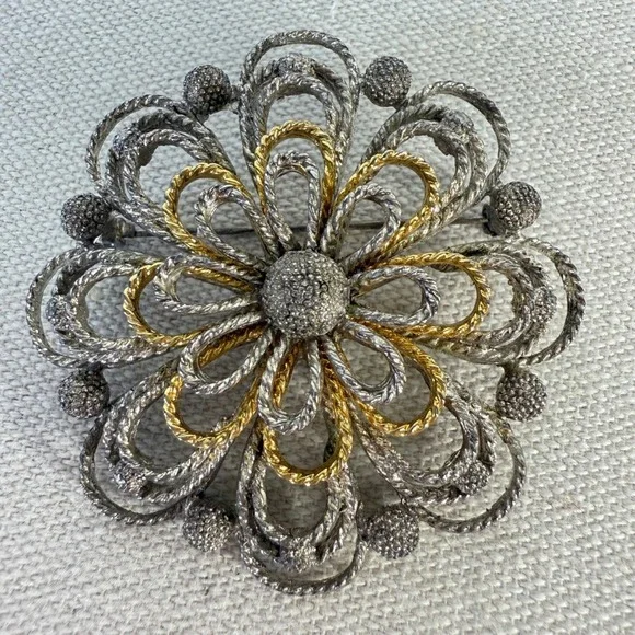 Vintage MCM‎ Flower Brooch Mixed Metals Silver Tone 2