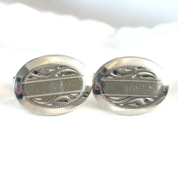 Silver Tone Vintage Etched Floral Oval Cufflinks