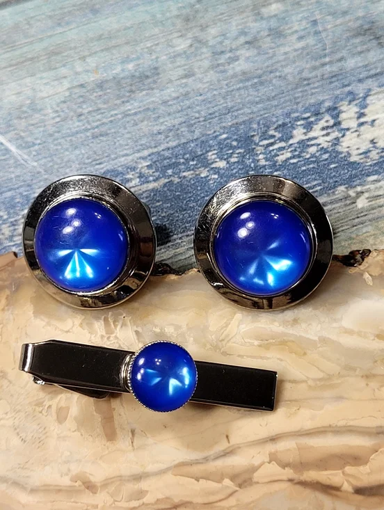 Blue Cufflink and Tie Bar Set - Classic Round Design
